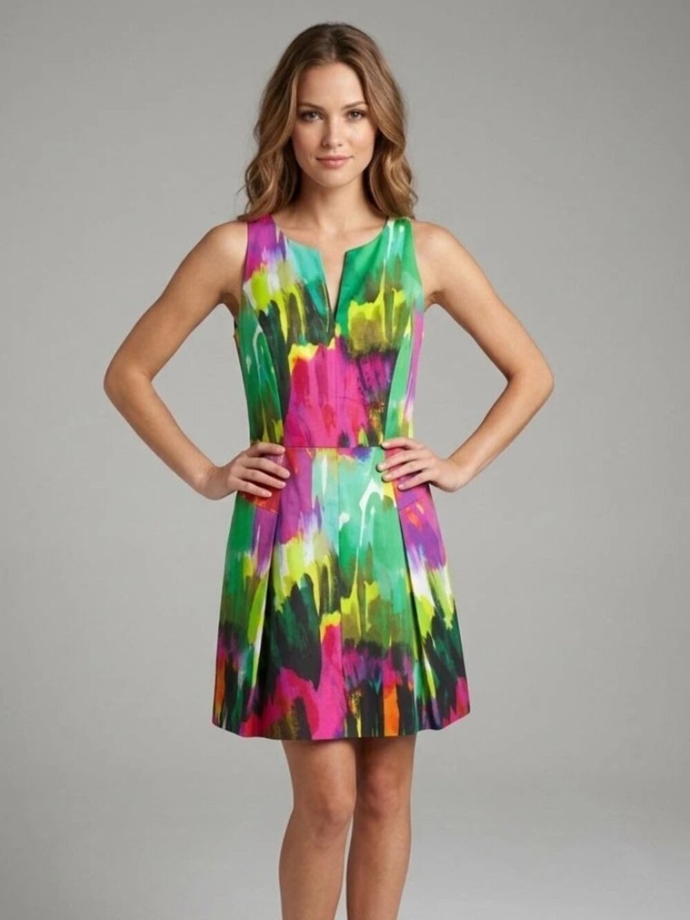 Milly Emerald Abstract Watercolor Fit Flare Dress Size 2 Multicolor Sleeveless
